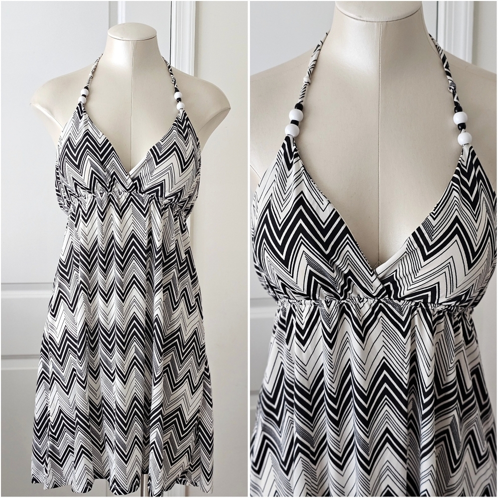 5th & Love Black White Chevron Halter Dress XL NWT Beaded Strap Empire Waist
